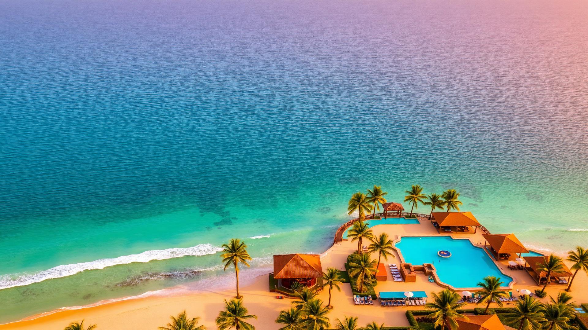 Vista aérea da orla de Porto Seguro com piscinas e estrutura pé na areia dos hotéis Sued's
